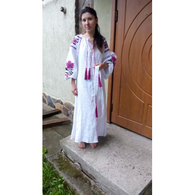 Boho Style Ukrainian Embroidered Maxi Dress White with Pink/Black Embroidery